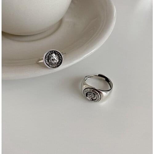 Fashionable Womens S925 Silver Retro Queen Head Trendy Personality Open Rings TJZ226