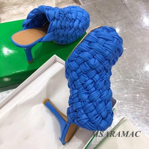 Round Toe High Heel Platform Mules Royal Blue Braid Leather Vintage Slippers Formal Outdoor Shoes Womens Real Leather Sandals