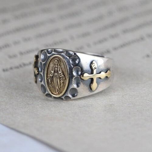 New real 100% S925 pure silver jewelry vintage craftsmanship golden cross Maria open ring hammered men and women rings
