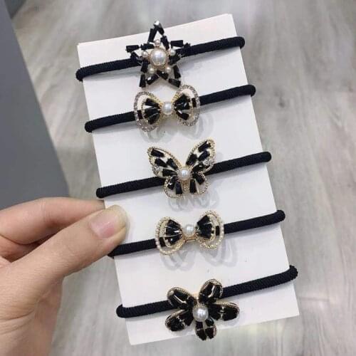 2021 New Pearl Black With Diamond Hair Rope Butterfly Flower Five-Pointed Star Hair Ring Simple Temperament Head Rope