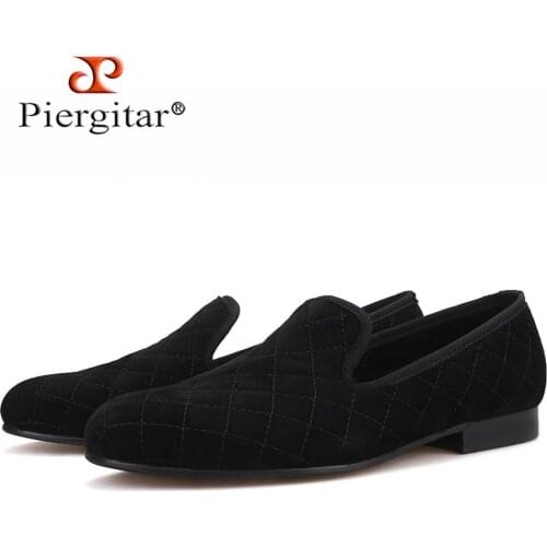 Piergitar three colors handmade stitching plaid men velvet shoes British style mens smoking slippers plus size men loafers
