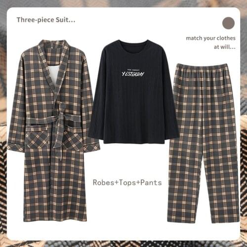 Big Yards Men Kimono Suit Robes+Tops+Pants 3 Pieces/Set Pajamas For Male Cotton Sleepwear Pijamas Hombre Home Wear Home Clothing