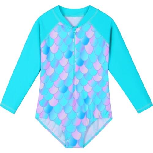 BAOHULU Girls Swimsuit One Piece FishScale Print Surfing Suit Long Sleeve Beachwear UPF 50+ UV Sun Protective Bathing Suit