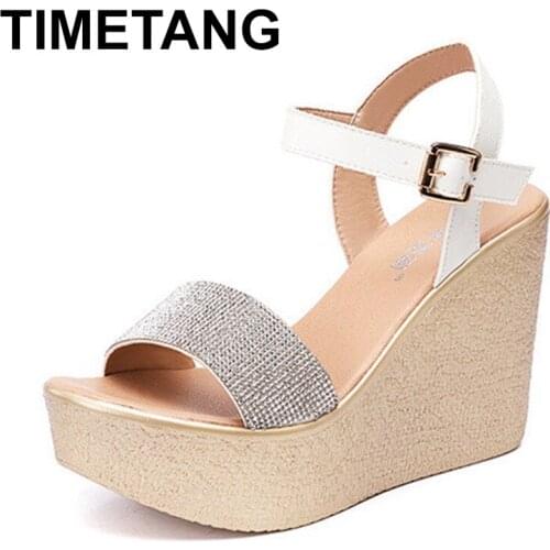 TIMETANG11Cm Super High Heels Summer Wedge Sandals Platform Peep Toe Luxury Sandals Rhinestone Sexy Lady Party Dress Shoes Size
