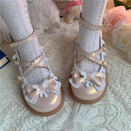 Kawaii Lolita Shoes Round Head Cute Sweet Girls Soft Loli Anime Cross Buckle Sling Back Low Heel Flats Cosplay Harajuku Gothic