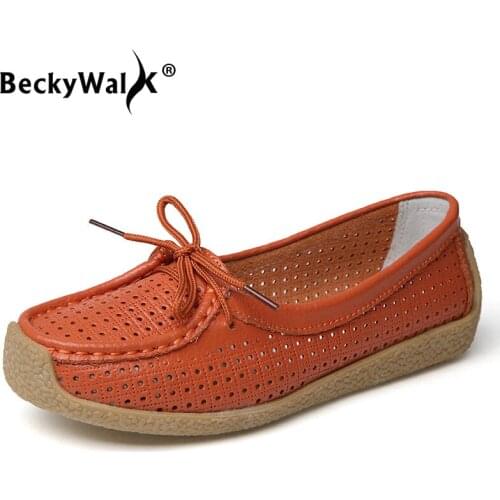 Summer Women Flat Shoes Ballet Flats Oxfords Shoes Women Slip On Loafers Genuine Leather Cutout Boat Shoes zapatos mujer WSH3347