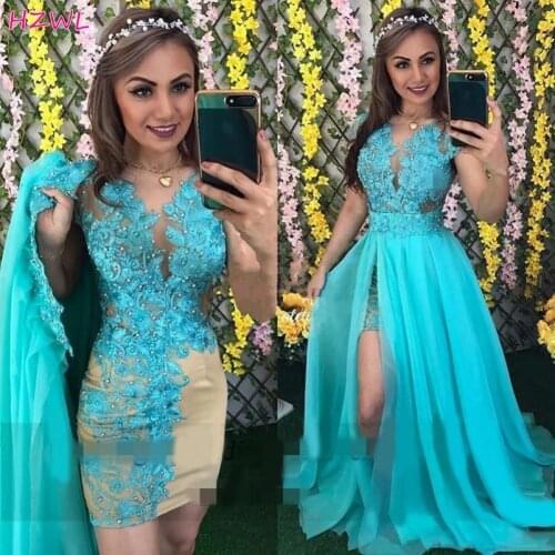 Gorgeous 2 Pieces Prom Dresses Lace Appliques beaded Evening Gowns With Detachable Long Overskirt Blue Robe De Soiree