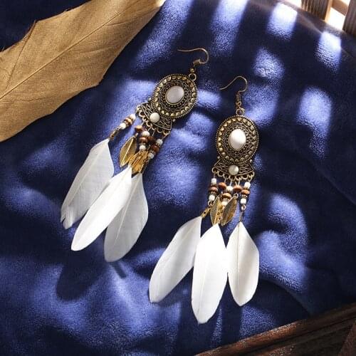 Exotic Oval Vintage Feather Earrings Long Tassel Earrings Retro Ethnic Style Earrings for Women