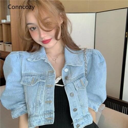Vintage Women Puff Sleeve Denim Coats Korean New Fashion Turn-Down Collar Female Jackets Chic Streetwear Jean Jacket 2021 New