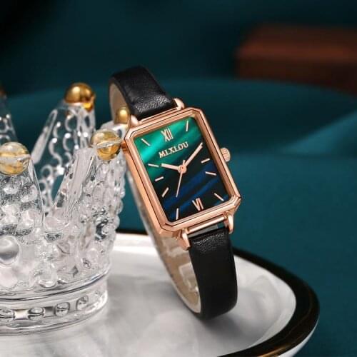 Leather Band Women Rectangle Dial Wrist Watches Glass Mirror Design Fashion Ladies Analog Quartz Wristwatches Alloy Case