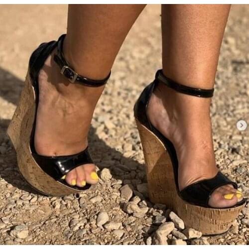 Moraima Snc Newest Peep Toe Platform Wedge Sandal Woman Sexy Ankle Strap Gladiator Shoes Summer Cutouts Sandal Black