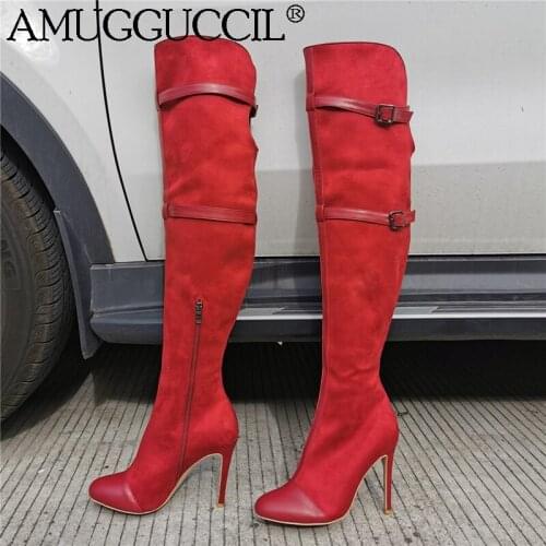 2021 New Plus Big Size 36-47 Red Buckle Zip Fashion Sexy Thigh High Heel Over The Knee Autumn Winter Lady Women Boot X2016