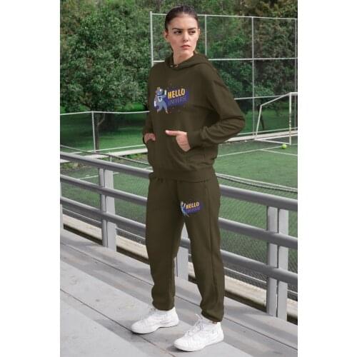 Angemiel Wear Hello Universe Women Tracksuit Set Green Hooded Sweatshirt Green Sweatpants