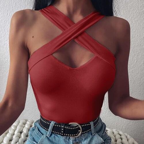 Women Strappy Cross Crop Top Over Front Cut Out Halter Neck Sleeveless Backless Bandage Vest Summer Sexy Tops Clothes #YJ