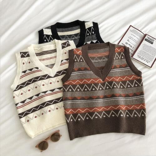 Womens Vintage Retro Jumper Autumn Winter Knitted Striped Sweater Vest Korean Style V Neck Sleeveless Jacket Tank Top Pollover