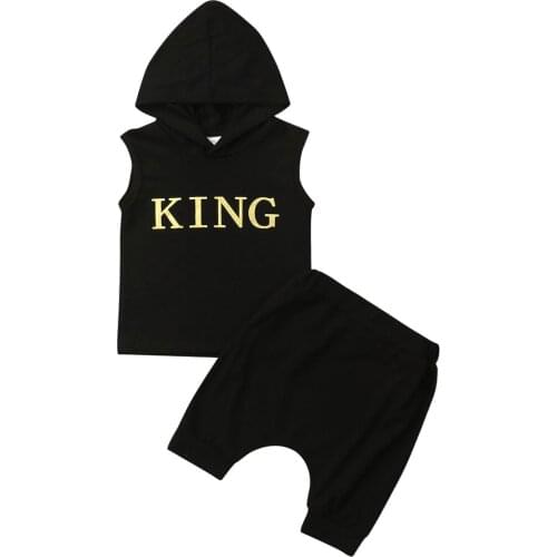 Fashion Toddler Baby Sets Boys Summer Letter Hooded Outfits Clothes Casual KING Vest Shorts 2PCS Set