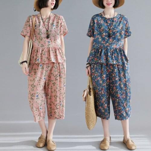 2021 Summer Casual Vintage Floral Two Piece Set Middle-aged Women Loose T-shirt Tops + Pants Suits Fashion Plus Size Outfit L430