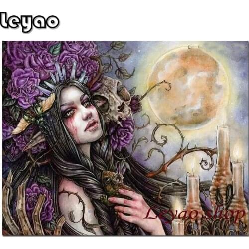 5D Diamond Painting Vampire Woman Moon Cross Stitch Diamond Embroidery Pattern Full Round Rhinestones Mosaic Home Decor Gift