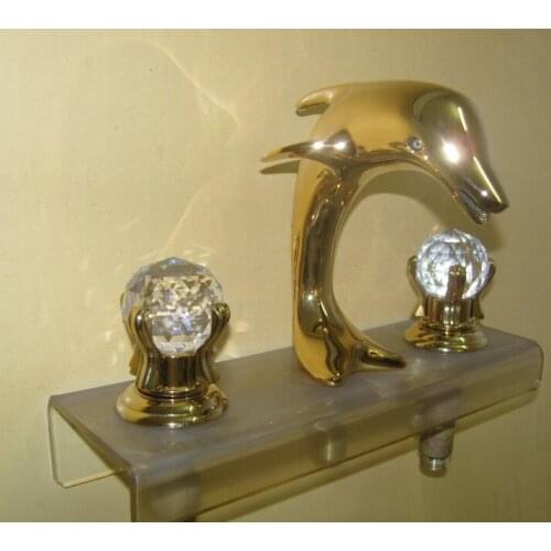 Free ship Ti-gold 3 Pcs WIDESPREAD LAVATORY BATHROOM SINK dolphin FAUCET mixer tap Crystal handles