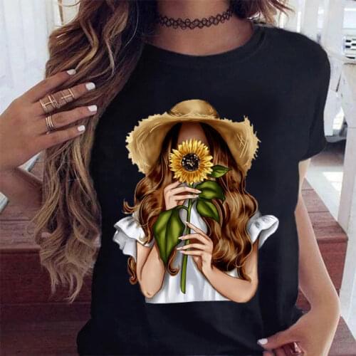 New Girl Sunflower Womens Casual Top T-shirt Girl Flower Womens T-shirt Black Round Neck Womens Top