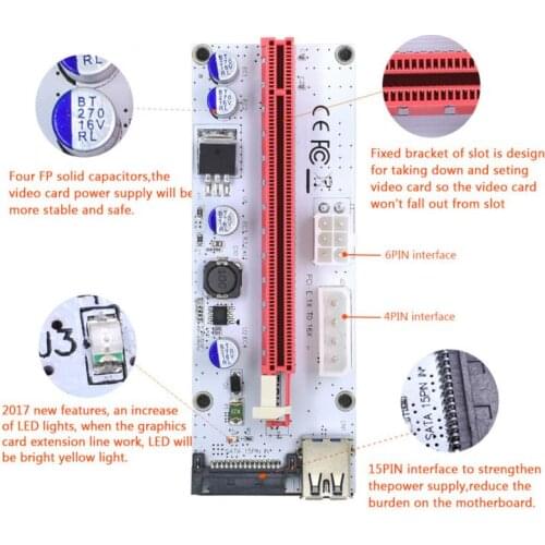 60CM Riser Card 008s VER008S 3 In 1 4Pin SATA 6PIN PCI-E PCI Express Adapter 1X 16X USB3.0 Extender For Video Card