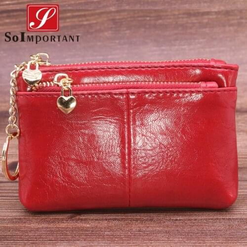 Fashion Women Oil Wax PU Leather Wallets Female Samll Zipper Design Coin Purse ID Card Holder Lady Slim Money Bags With Key Ring