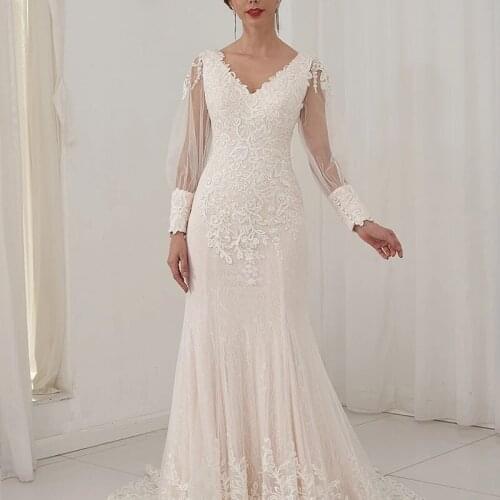 Beautiful Lace Cuffs V-Neck And Open Back 2021 Long-Sleeved Ivory And Skin Tone Wedding Dress Bridal Dress Lace Tulle