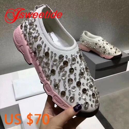 Women Glittering Beads Shoes Fashion Summer Casual Ladies Fashion Crystal Canvas Hollow Breathable Platform Flat Woman Sneakers