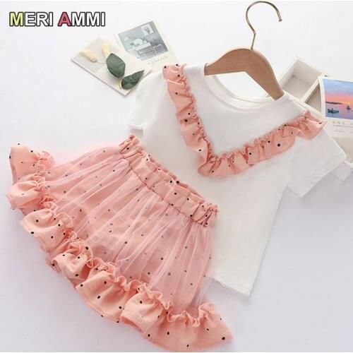 MERI AMMI Baby Girl Clothing Suit Floral Tee Top +Skirts With Dots Outfit For 2-7 Year Girl