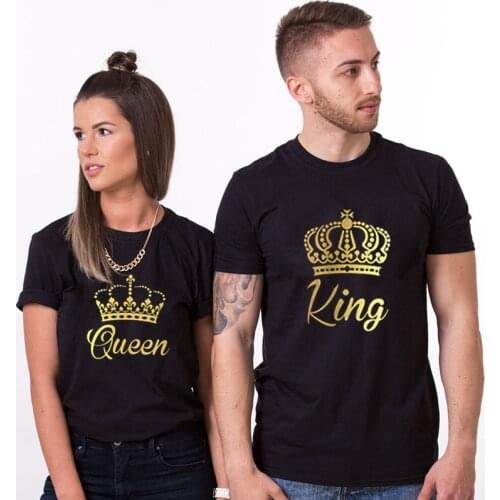 Soft Top Tee Unisex Casual Summer Couple Matching Tee King and Queen Gold Crowns Printing T-shirts