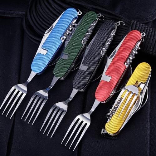 4 in 1 Tableware (Fork/Spoon/Knife/Bottle Opener) Camping Stainless Steel Folding Pocket Kits Multifunction Tableware