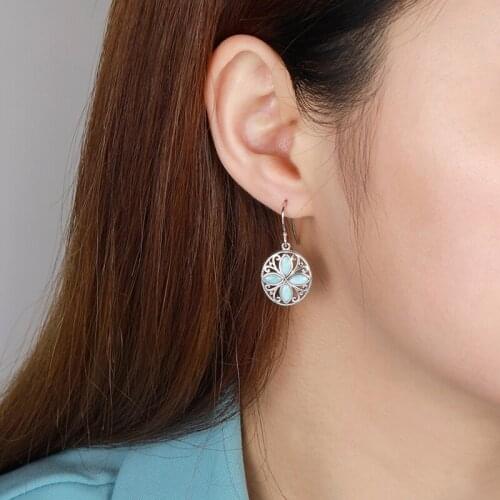 Retro Flower Round Charm 925 Sterling Silver Jewelry Gift Classic Natural Precious Larimar Earrings for Women