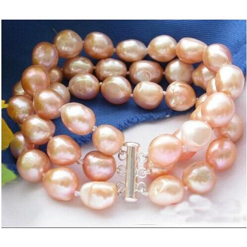 Genuine Pearl Jewelry 3 Rows 8 Inches 9-10mm Rice Shape Pink Color Freshwater Pearl Bracelet Shell Flower Clasp