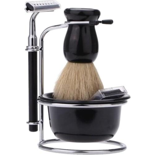 Home Hotel Convenient Mens Gift Black Shave Stand Bristle Brush Bowl Safety Razor Soap Blades Set