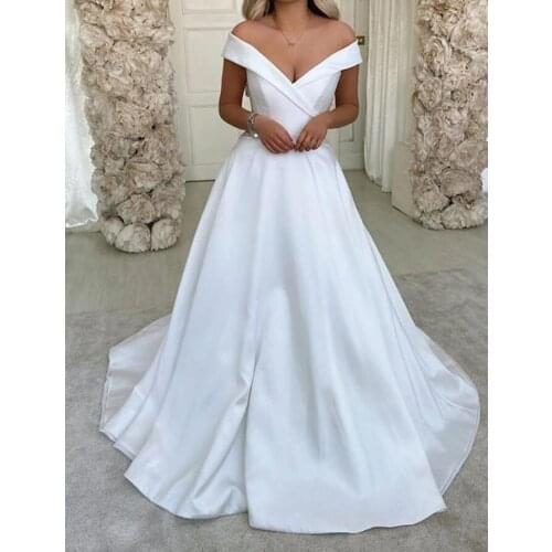 Simple Wedding Dress V neck Retro White Off The Shoulder A Line Bridal Gowns