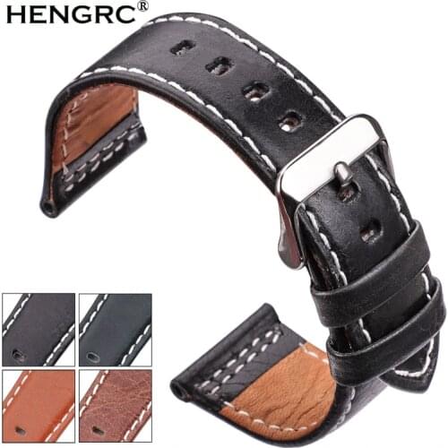 HENGRC Watchbands 22mm 24mm Black Blue Brown Orange Cowhide Watch Band Strap Silver Steel Watch Buckle Genuine leather Bracelet