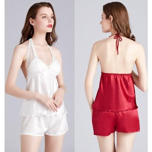 Sexy Pajamas Ladies Summer Lace Perspective Beautiful Back Hanging Neck Straps Suspenders Shorts Home Service Gown Пижам