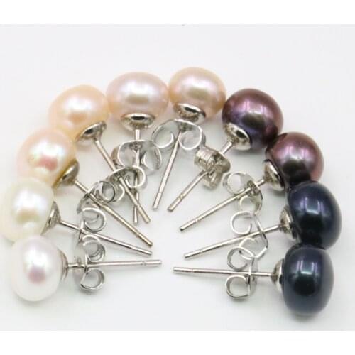 7-8mm Near Round White/Pink/Purple/Black Freshwater Pearl Stud Earrings Silver Color DIY Jewelry Making Women Girls Gifts