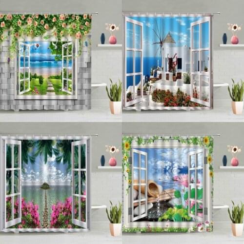 Natural Scenery Shower Curtain 3D Window Ocean Waterfall Palm Tree Zen Stone Lotus Flower Landscape Bathtub Deco Screen Washable