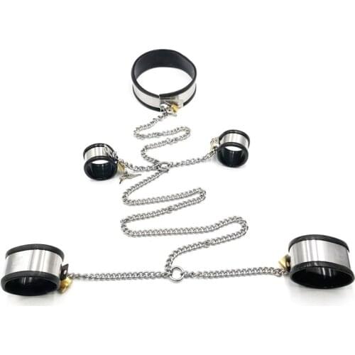 Silicone Liner Stainless Steel Neck Collar Handcuffs Ankle Cuffs BDSM Bondage Sex Toys For Couples Adult Games Slave Restraints