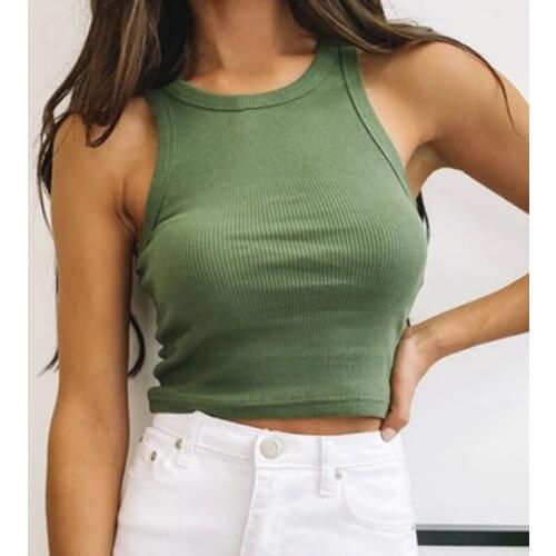 Ribbed Tank Top Women White 2020 Summer Casual Fitness Short Vest Candy Colors Knitted Off Shoulder Sexy Crop Top Women