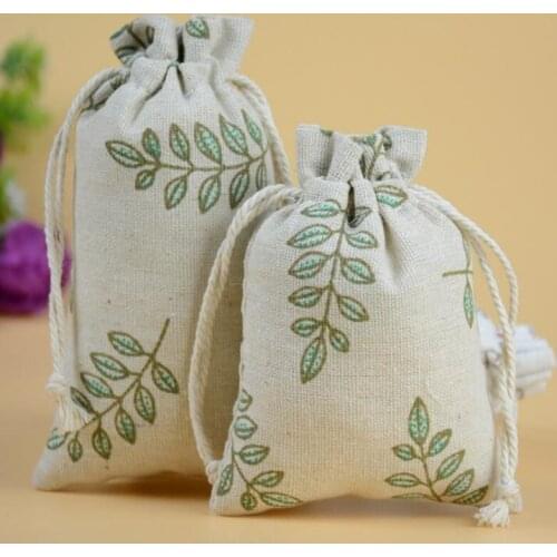 Drawstring cotton bags Gift Candy Beads Bags with green leaf Wedding Decor 100pcs/lot 10*13/13*17Cm