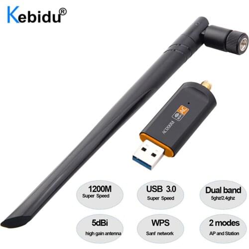 KEBIDU 1200Mbps USB 3.0 Wifi Adapter Wi-fi Dongle Receiver 2.4Ghz/5Ghz Dual Band Network Card RTL8812 5dBi Antenna For Laptop PC