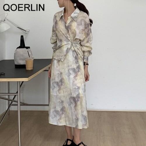 QOERLIN Two Piece Skirts Suits Women Summer Korean Petticoat Skirts Split Skirt Retro Ink Smudge Side Button Loose Shirt Set