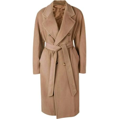 YOLOAgain Women Double Breasted Long Wool Coat With Belt Ladies Elegant Woolen Overcoat