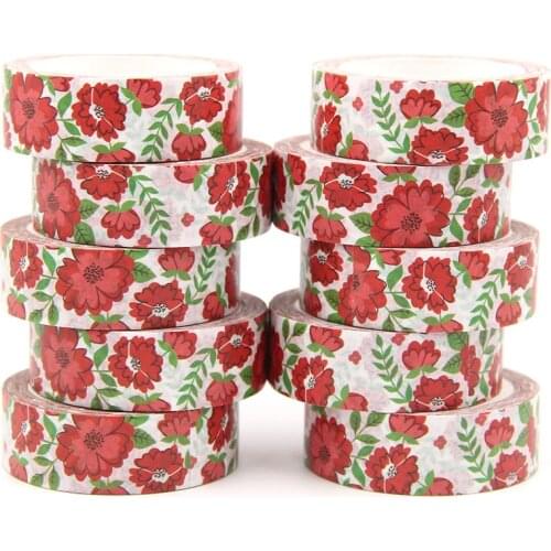 10PCS/lot 15MM*10M Red Flowers Green leaves Washi Stickers Masking Tapes Decorative DIY Stationery office supplies washi tapes