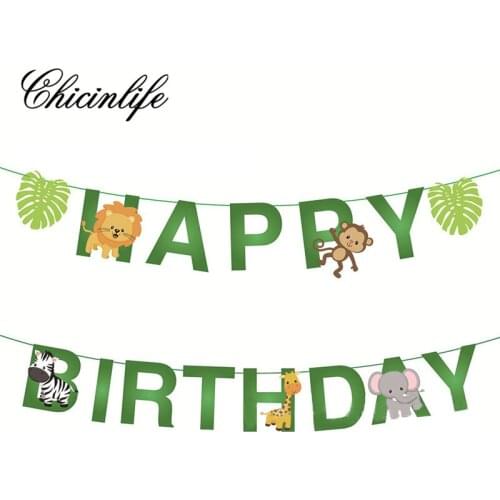 Chicinlife 1Set jungle Animals Leaves Happy Birthday Bunting Garland wild one baby shower First Birthday Party Decorations