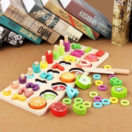 Wooden Early Education Toys Preschool Baby Montessori Baby Learning Count Geometric Shape Cognition Match Cut fruit