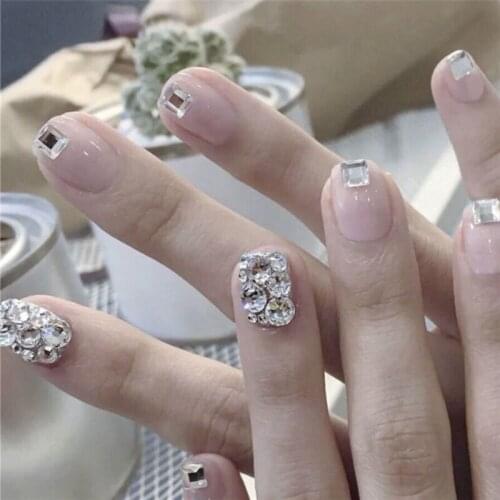 French pure color with full diamond 3d decorated fake nails short size lady full nail tips Beautiful bride false nails with glue