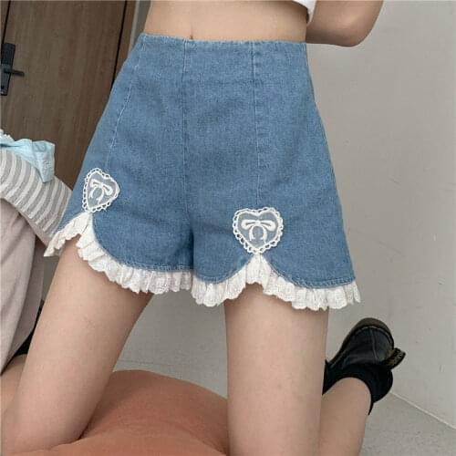 Summer Sweet Denim Shorts Women Cute Lace Ruffles Heart Shape Embroidery Jeans Preppy Style Girls Korean High Waist Short Pants